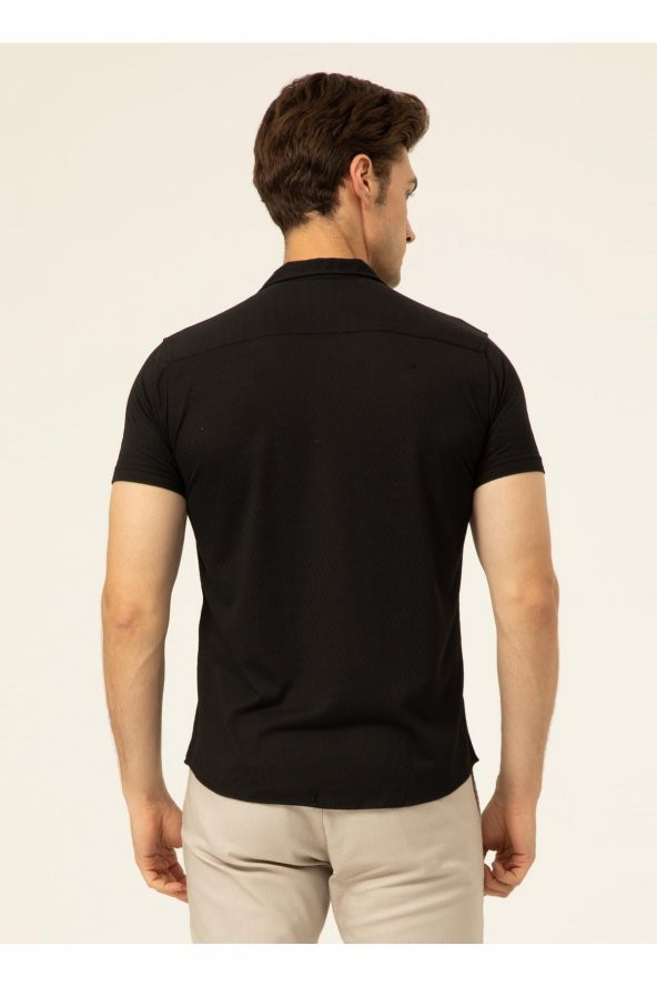 Düğmeli Yaka Armürlü Siyah Erkek Gömlek Gm2025500398 - Resim 4