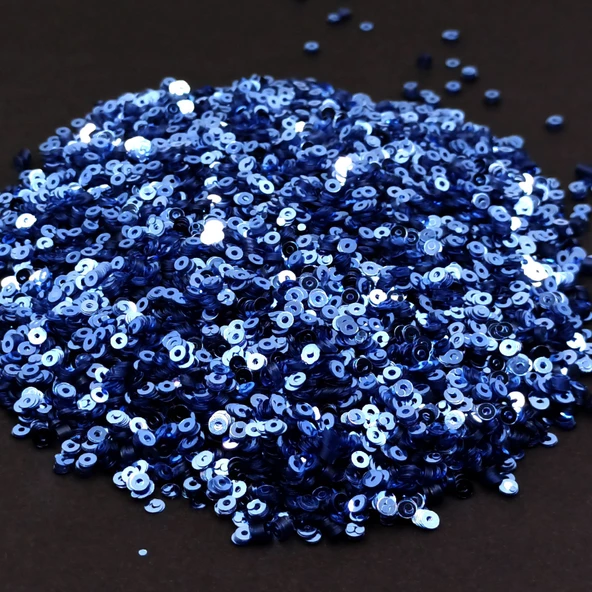 SÜSLEME PULU ORTASI DELİK GLİTTER TAKI VE TEKSTİL DİKİLEBİLİR SÜSLEME PULU 3 MM İNDİGO MAVİ 100 GR - 2