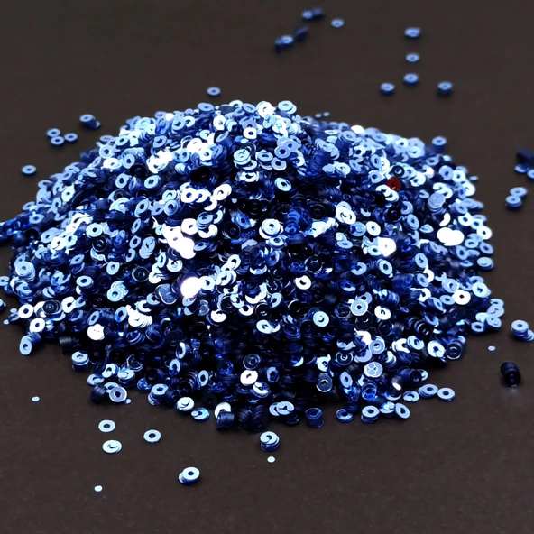 SÜSLEME PULU ORTASI DELİK GLİTTER TAKI VE TEKSTİL DİKİLEBİLİR SÜSLEME PULU 3 MM İNDİGO MAVİ 100 GR - 3