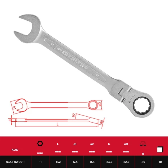 İzeltaş Mafsallı Cırcır Anahtar 11 Mm