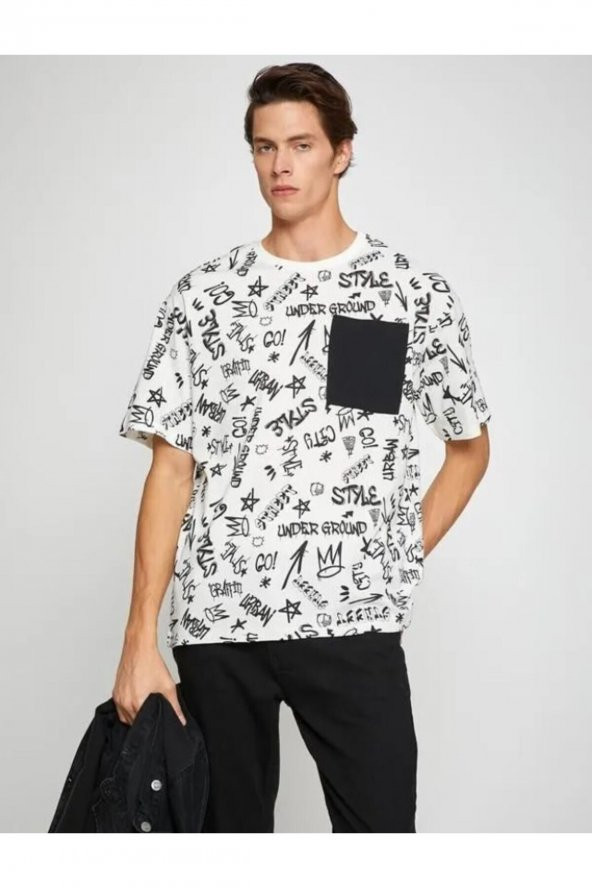 Oversize Tişört Slogan Baskılı Cep Detaylı - Resim 2