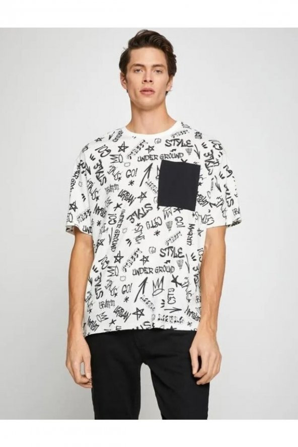 Oversize Tişört Slogan Baskılı Cep Detaylı - Resim 5