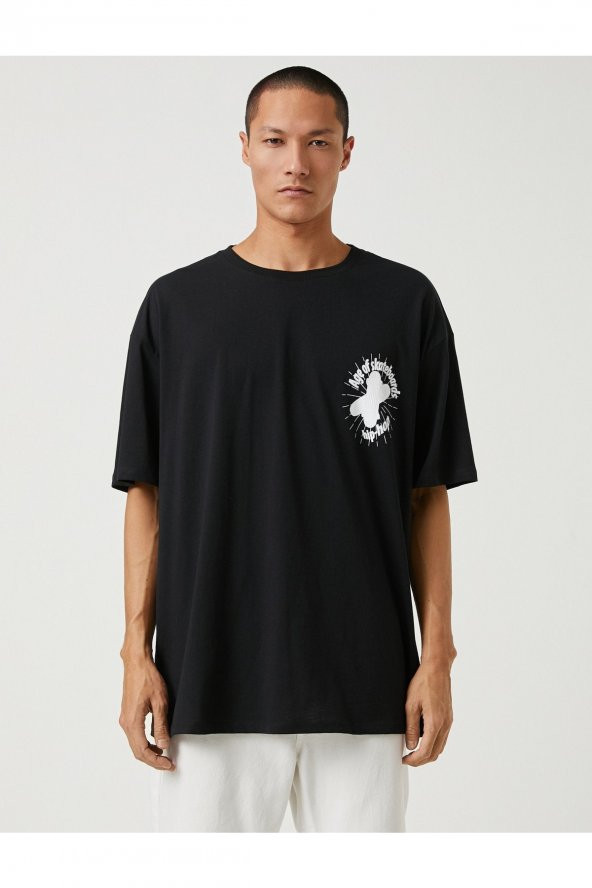 Basic Oversize Tişört Slogan Baskılı Bisiklet Yaka - 3