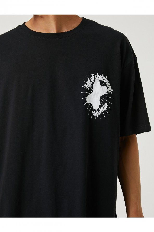 Basic Oversize Tişört Slogan Baskılı Bisiklet Yaka - 5