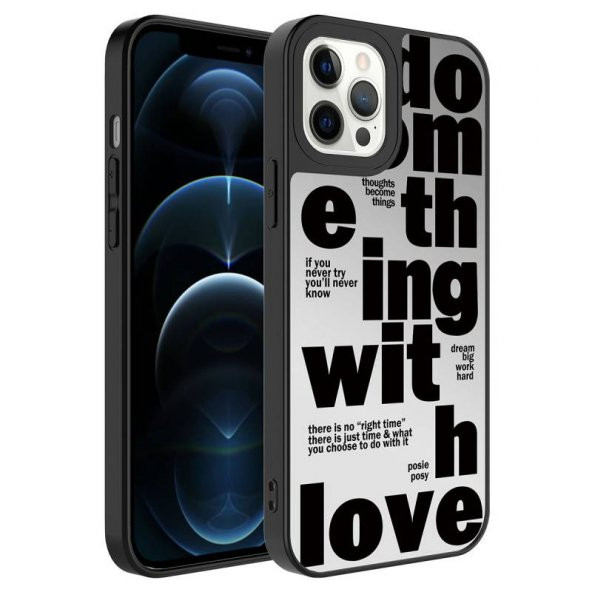 Apple iPhone 12 Pro Max Uyumlu Kılıf Kamera Korumalı Love Desenli Yazılı Parlak Kapak