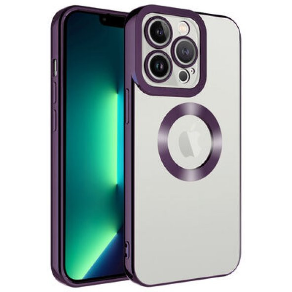 Apple iPhone 14 Pro Max Kılıf Kamera Korumalı Kenarları Renkli Şeffaf Logo Gösteren Parlak Kapak