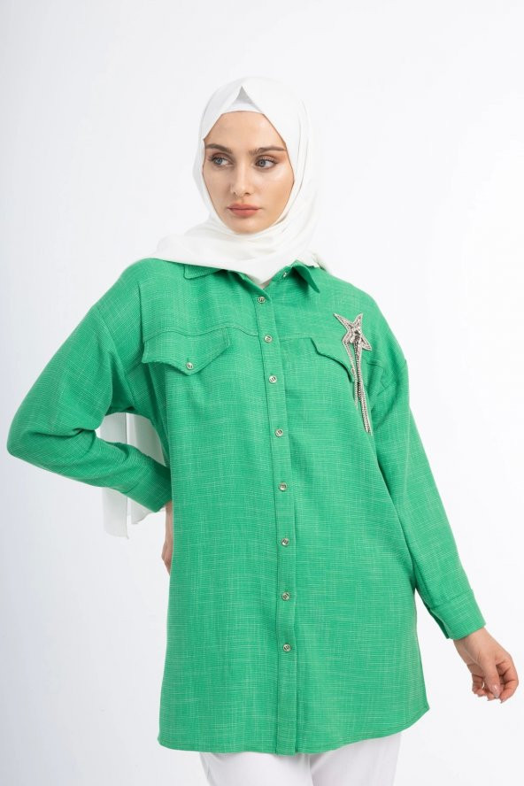 TAŞLI TUNİK GÖMLEK - Benetton Yeşil - 6