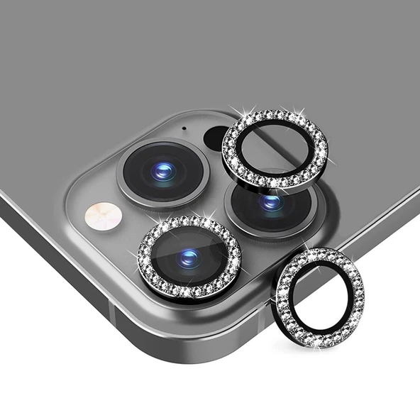 iPhone 14 Pro / 14 Pro Max Taşlı Metal Kamera Lens Koruyucu 3lü Set - 3