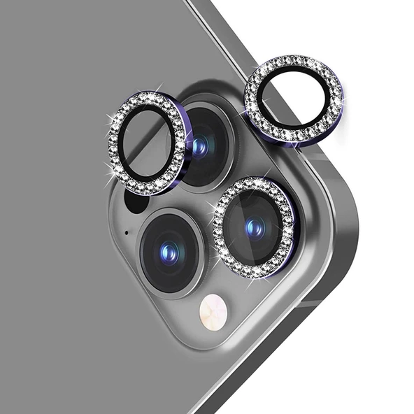 iPhone 14 Pro / 14 Pro Max Taşlı Metal Kamera Lens Koruyucu 3lü Set - 2