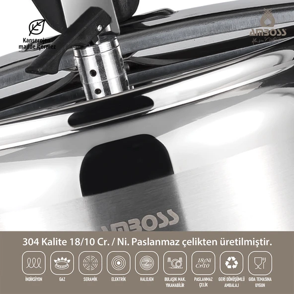 Amboss Amber Klasik Düdüklü Tencere - Paslanmaz Çelik İndüksiyon Tabanlı Siyah Kulp - 8 lt 22 cm - 5