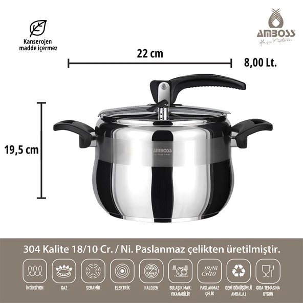Amboss Amber Klasik Düdüklü Tencere - Paslanmaz Çelik İndüksiyon Tabanlı Siyah Kulp - 8 lt 22 cm - 2