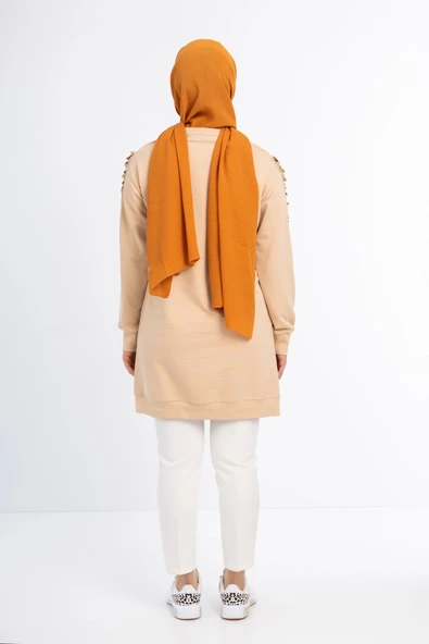 İPEKSİ İKİ İPLİK SWEATSHIRT KOLU PUL VE ZİNCİR İŞLEMELİ - Latte - 3