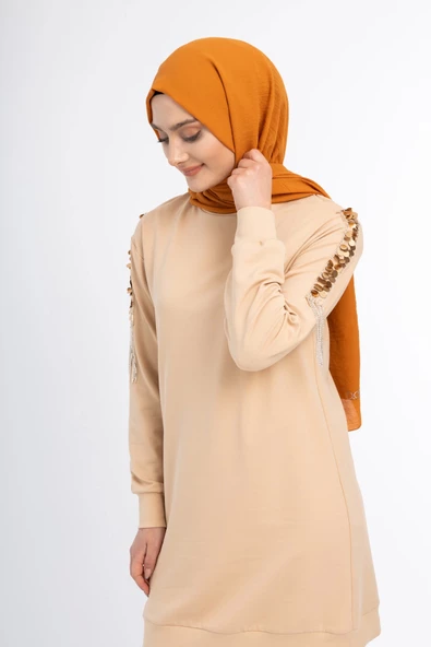 İPEKSİ İKİ İPLİK SWEATSHIRT KOLU PUL VE ZİNCİR İŞLEMELİ - Latte - 5