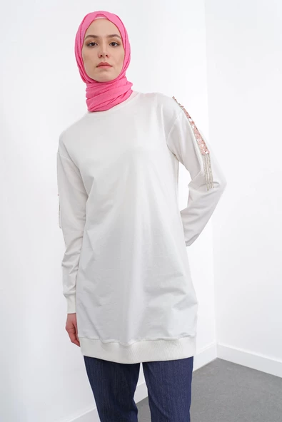 İPEKSİ İKİ İPLİK SWEATSHIRT KOLU PUL VE ZİNCİR İŞLEMELİ - Ekru - 6