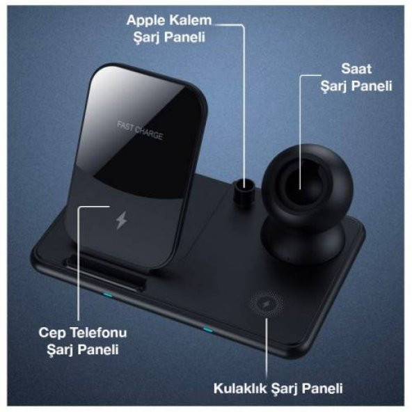 Polham 15W 4in1 Kablosuz Şarj Aleti, Telefon, Kulaklık, Saat ve Kalem İçin Kablosuz Şarj Aleti - 4