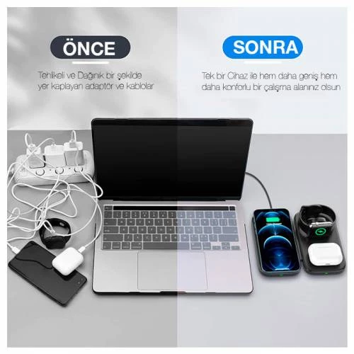 Polham 3in1 15W Hızlı Kablosuz Telefon, Kulaklık ve Saat Şarj Aleti, Katlanabilir Kablosuz Şarj - 4