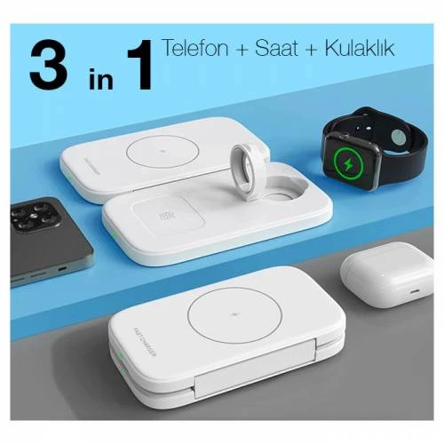 Polham 3in1 15W Hızlı Kablosuz Telefon, Kulaklık ve Saat Şarj Aleti, Katlanabilir Kablosuz Şarj - 2