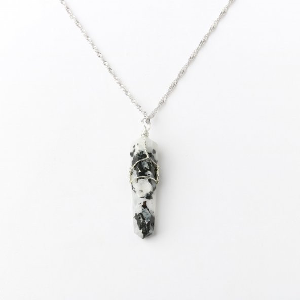 Rutilli Kuvars Doğal Taş Kolye Ucu 3x1 cm, Gümüş Zincir - 3