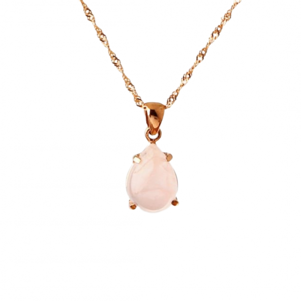 Pembe Kuvars Doğal Taş Gümüş Kolye, Gümüş Sarı Zincir - 3