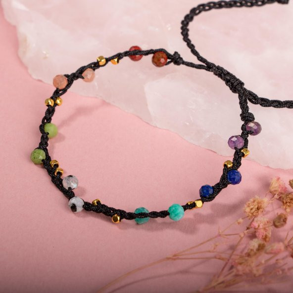 Çakra-Jasper-Yeşim-Amazonit-Lapis-Güneş Taşı-Ametist-Ay Taşı Doğal Taş Bileklik - 5
