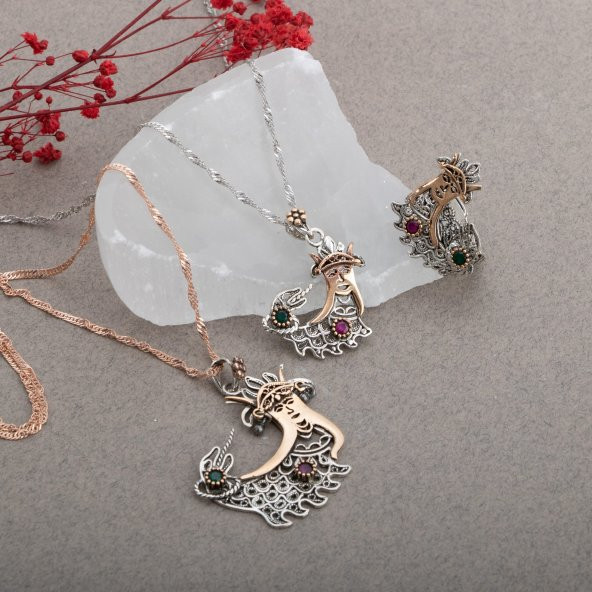 Şahmeran Telkari Doğal Taş Gümüş Kolye - Resim 3