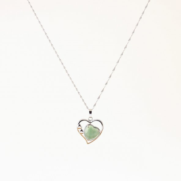Aventurin Doğal Taş Kalpli Kolye, Gümüş Zincir - Resim 2