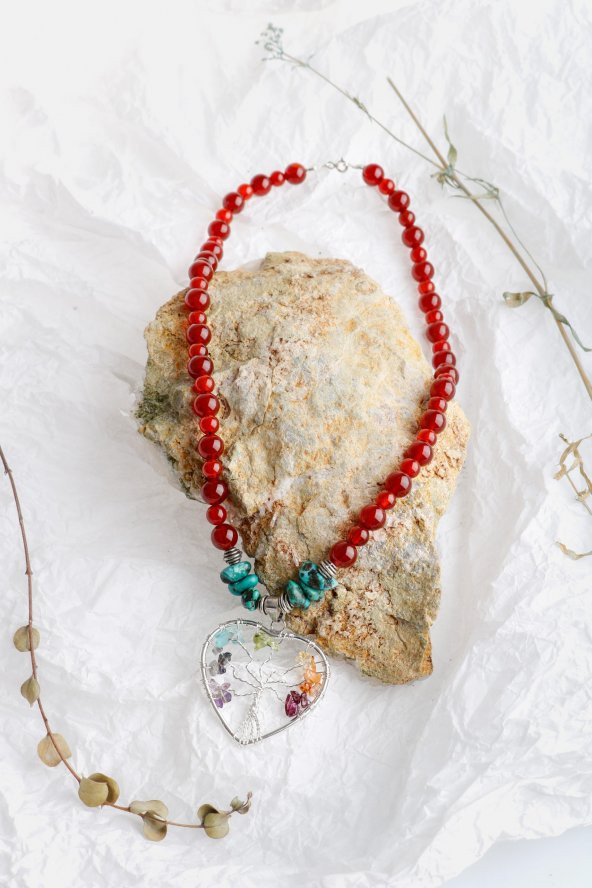 Akik Firuze Yaşam Ağacı Doğal Taş Kolye - 3