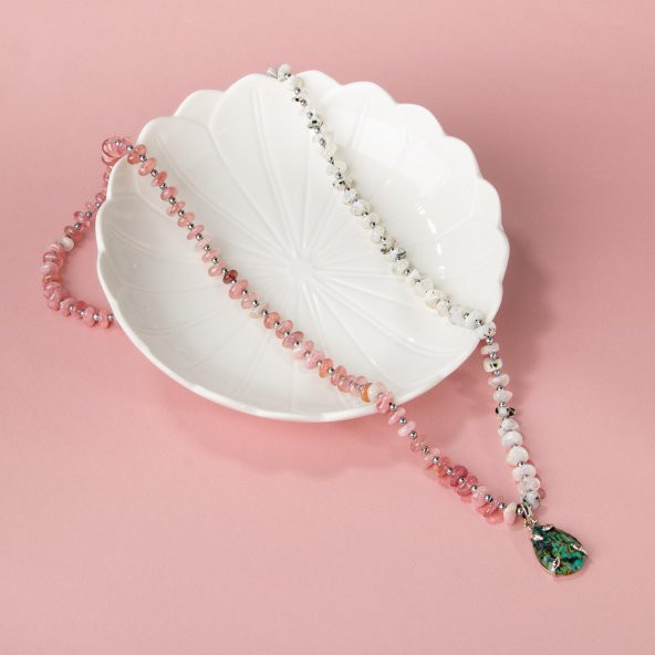 Afrika Turkuaz-Pembe Kuvars-Ay Taşı Doğal Taş Kolye - 2