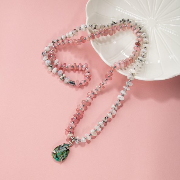 Afrika Turkuaz-Pembe Kuvars-Ay Taşı Doğal Taş Kolye - 3