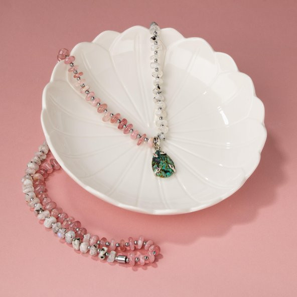 Afrika Turkuaz-Pembe Kuvars-Ay Taşı Doğal Taş Kolye - 6