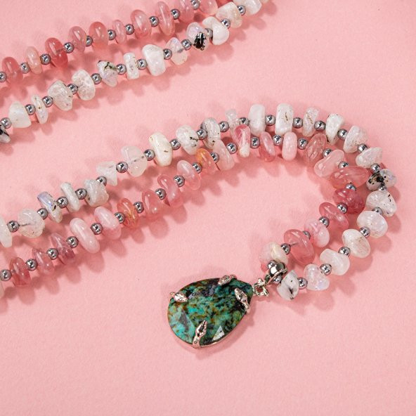 Afrika Turkuaz-Pembe Kuvars-Ay Taşı Doğal Taş Kolye - 8