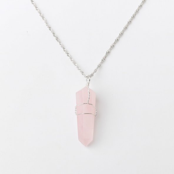 Pembe Kuvars Doğal Taş Kolye Ucu 3x1 cm, Gümüş Zincir