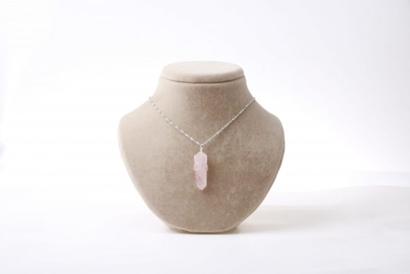 Pembe Kuvars Doğal Taş Kolye Ucu 3x1 cm, Gümüş Zincir - 4