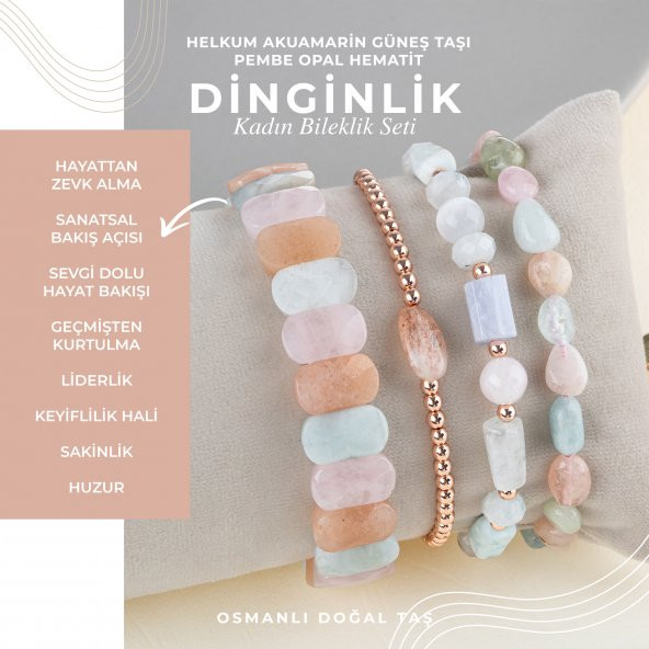 Helkum-Akuamarin-Güneş Taşı-Pembe Opal Doğal Taş Kadın Bileklik Seti - 7
