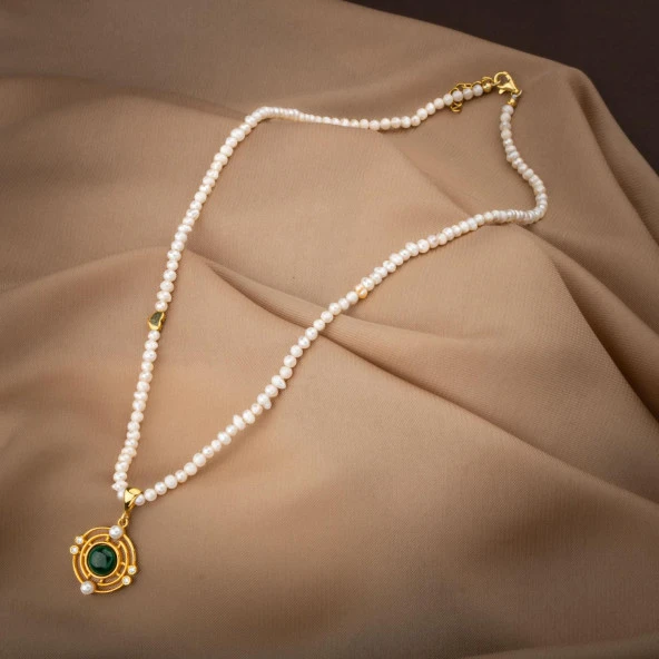 Malakit Taşlı İnci Doğal Taş Gümüş Tasarım Kolye - 54cm - 2