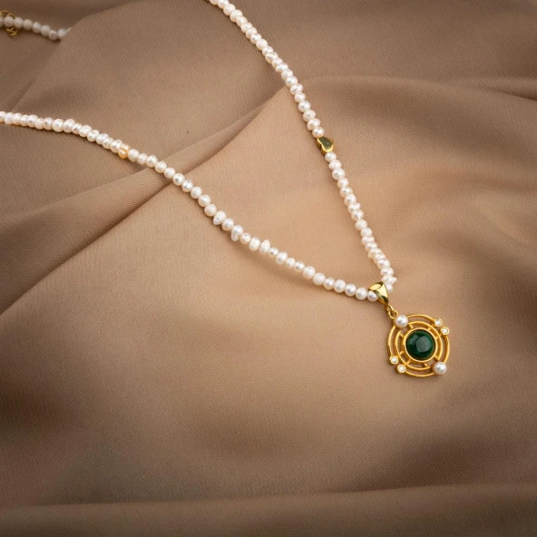 Malakit Taşlı İnci Doğal Taş Gümüş Tasarım Kolye - 54cm - 3