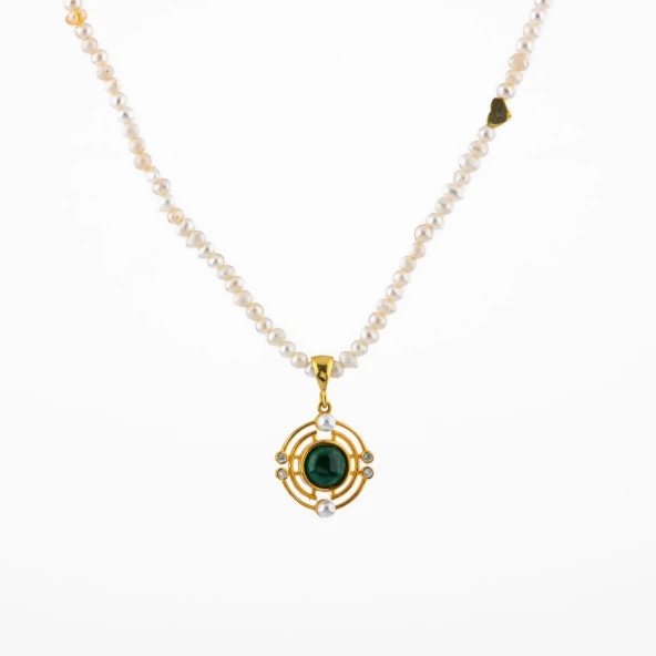 Malakit Taşlı İnci Doğal Taş Gümüş Tasarım Kolye - 54cm - 5