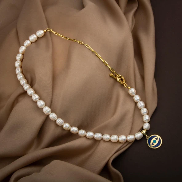 Mozaik Lapis Lazuli Taşlı İnci Doğal Taş Paper Clip Gümüş Kolye - 54cm - 2