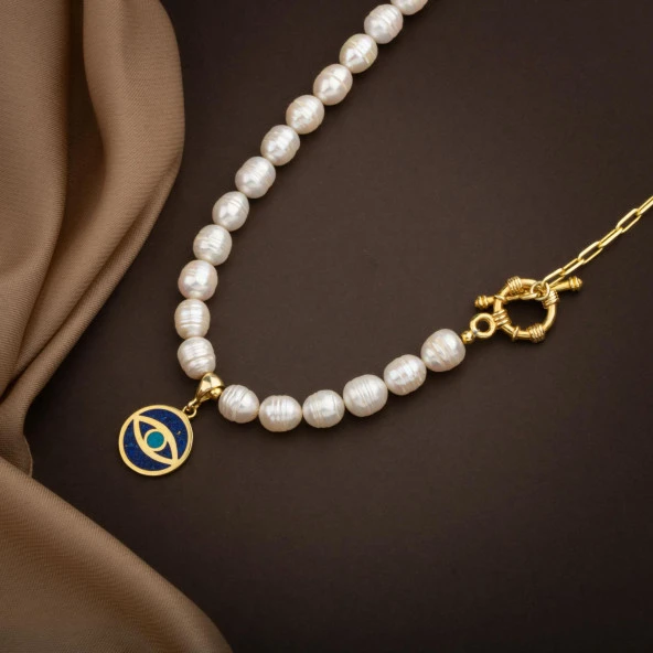 Mozaik Lapis Lazuli Taşlı İnci Doğal Taş Paper Clip Gümüş Kolye - 54cm - 3