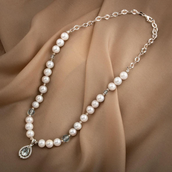 Topaz Gümüş Uç-Topaz-İnci Doğal Taş Gümüş Kolye  - 54cm