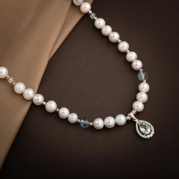 Topaz Gümüş Uç-Topaz-İnci Doğal Taş Gümüş Kolye  - 54cm - 3