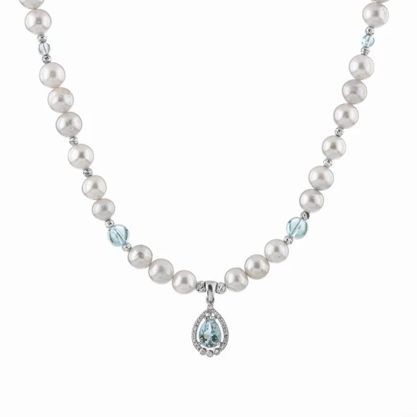 Topaz Gümüş Uç-Topaz-İnci Doğal Taş Gümüş Kolye  - 54cm - 5