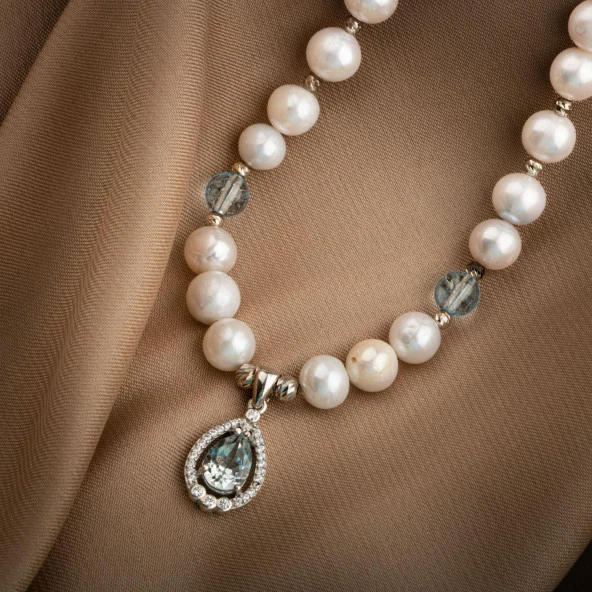 Topaz Gümüş Uç-Topaz-İnci Doğal Taş Gümüş Kolye  - 54cm - 2