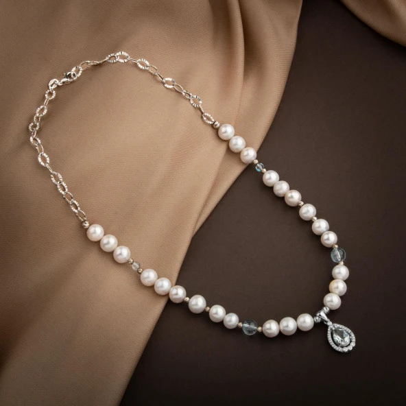 Topaz Gümüş Uç-Topaz-İnci Doğal Taş Gümüş Kolye  - 54cm - 4