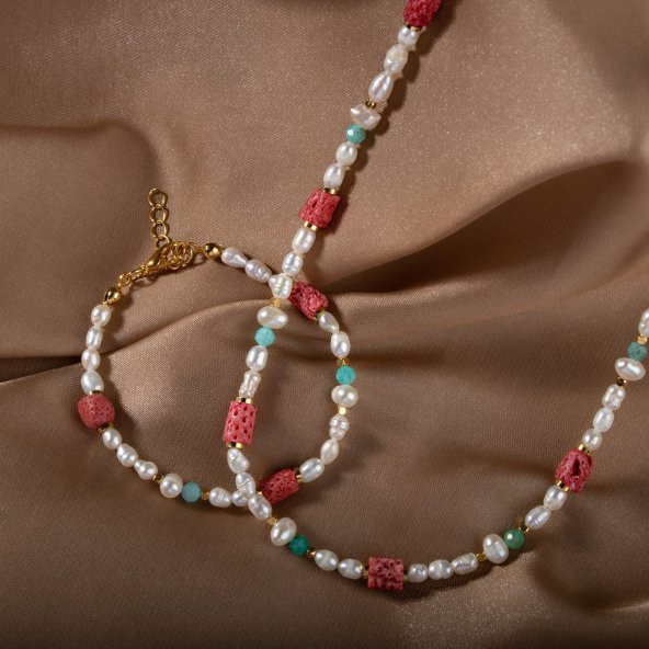 İnci-Amazonit-Mercan Altın Kaplama Kapama Doğal Taş Takı Seti - Resim 3