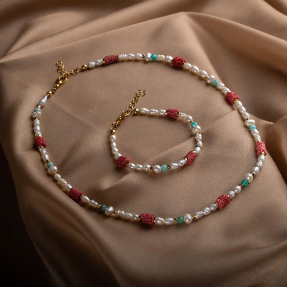 İnci-Amazonit-Mercan Altın Kaplama Kapama Doğal Taş Takı Seti - Resim 4