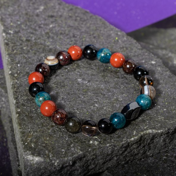 Başak Burcu Bileklik Bordo Granat Lal, Dumanlı Kuvars, Golden Obsidyen, Jasper, Mavi Apatit, Siyah Göz Akik - 3