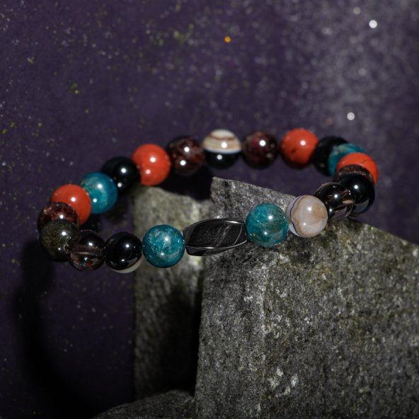 Başak Burcu Bileklik Bordo Granat Lal, Dumanlı Kuvars, Golden Obsidyen, Jasper, Mavi Apatit, Siyah Göz Akik - 4