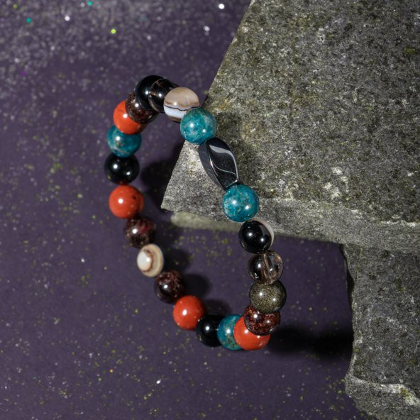 Başak Burcu Bileklik Bordo Granat Lal, Dumanlı Kuvars, Golden Obsidyen, Jasper, Mavi Apatit, Siyah Göz Akik - 5