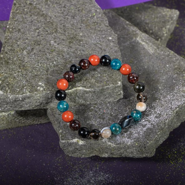 Başak Burcu Bileklik Bordo Granat Lal, Dumanlı Kuvars, Golden Obsidyen, Jasper, Mavi Apatit, Siyah Göz Akik - 12